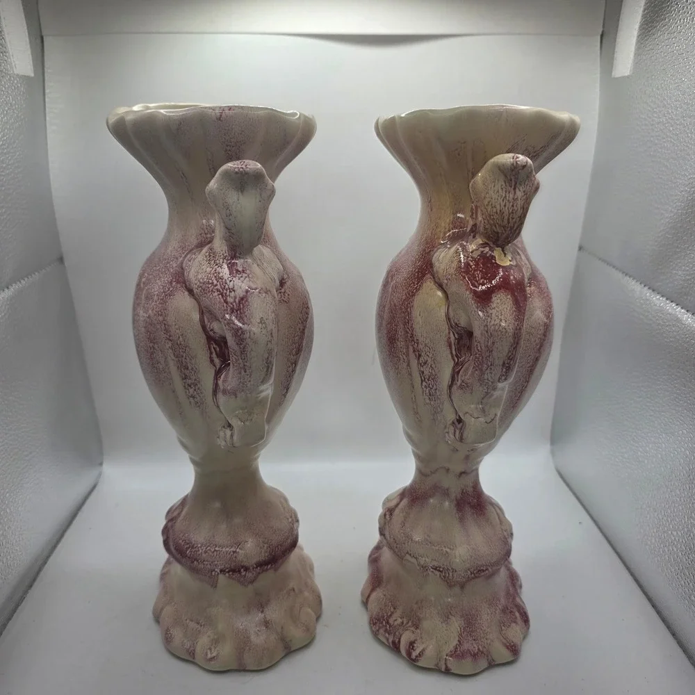 Pair RumRill J26 USA Art Pottery Bird Handle Vases Urns Burgundy Cream